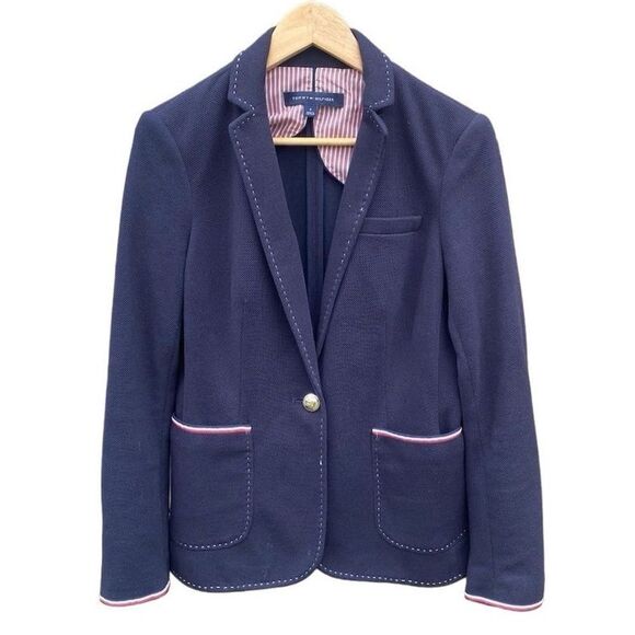 Tommy Hilfiger Jackets & Blazers - Tommy Hilfiger Women's Blue Knit Blazer Size 6 Two-Button Notch Lapel Heritage